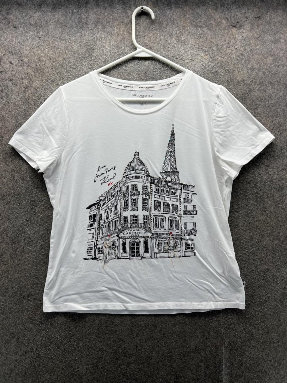 Karl Lagerfeld Paris Shirt Womens Large White Crew Neck Paris Graphic Top